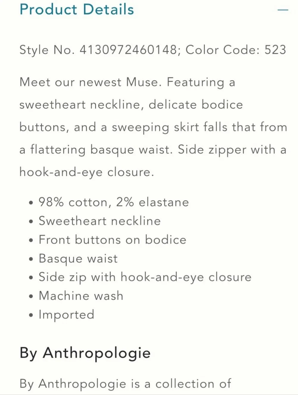 NWT Anthropologie Muse Basque-Waist Midi Dress